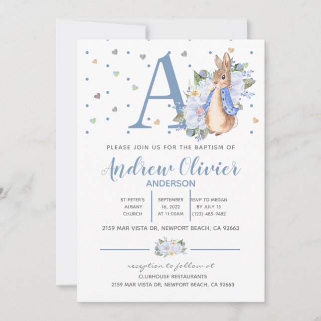 Watercolour Peter Rabbit Baby Boy Christening  Invitation (Front)