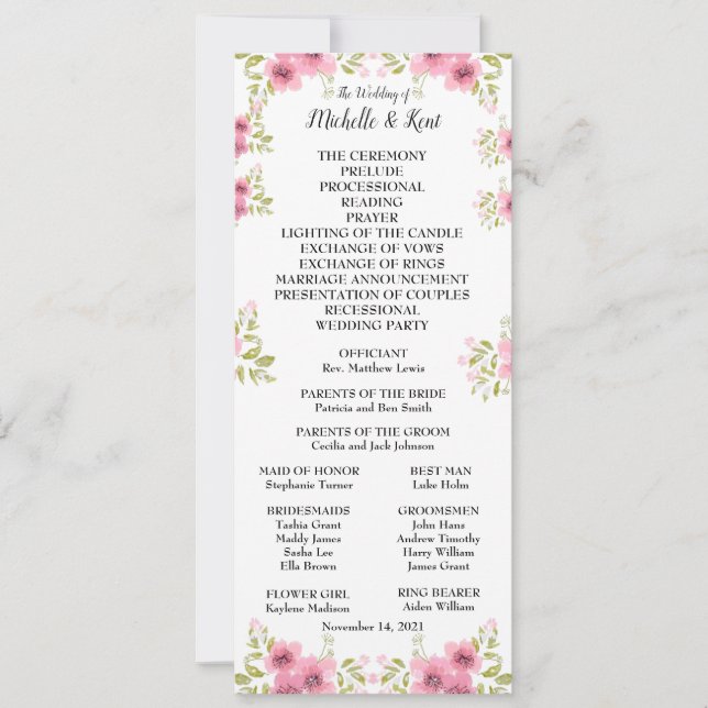 Watercolour Pink Anemone Wedding Program & Menu (Front)