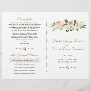 Watercolour Pink Blush Flowers Wedding Program