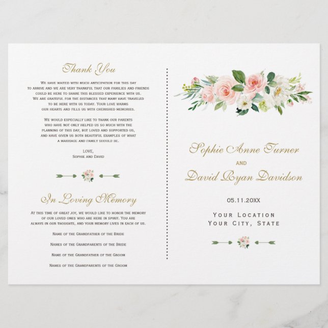 Watercolour Pink Blush Flowers Wedding Program (Front)