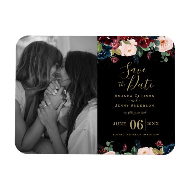 Watercolour Pink, Burgundy and Navy Blue Flowers M Magnet (Horizontal)