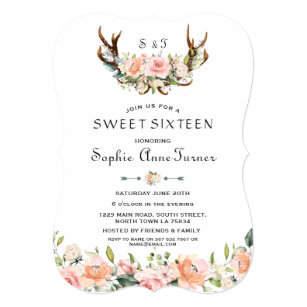 Watercolour Pink Cream Floral Antlers Sweet 16 Invitation