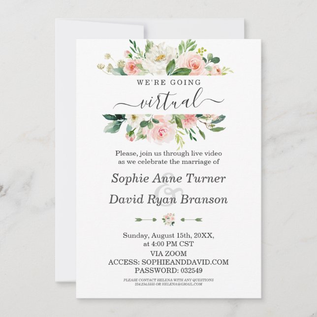 Watercolour Pink Cream Floral Virtual Wedding Invitation (Front)