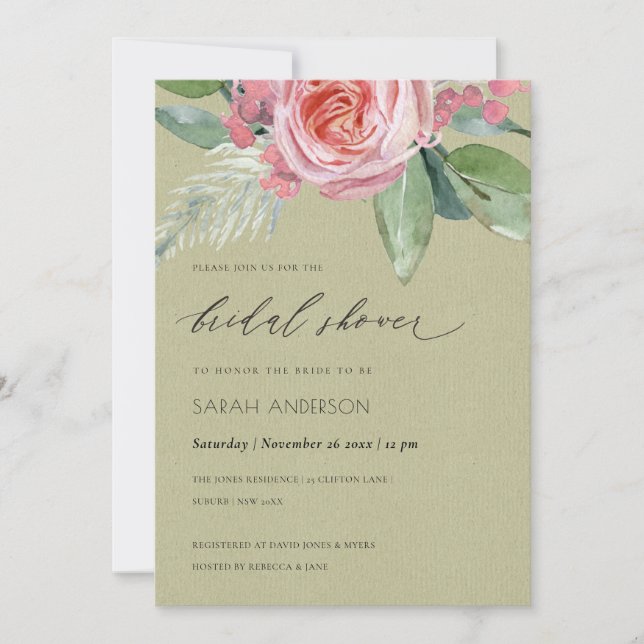 WATERCOLOUR PINK FLOWER FOLIAGE BRIDAL SHOWER INVITATION (Front)