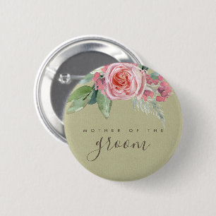 WATERCOLOUR PINK FLOWER FOLIAGE MOTHER OF GROOM 6 CM ROUND BADGE