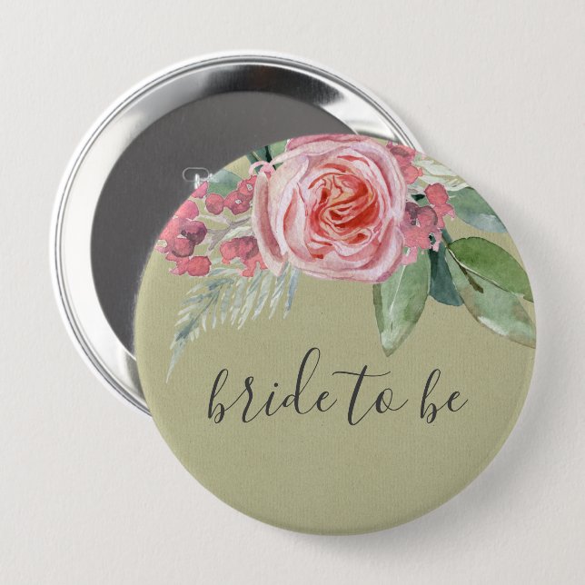 WATERCOLOUR PINK FLOWER GREEN FOLIAGE BRIDE TO BE 10 CM ROUND BADGE (Front & Back)
