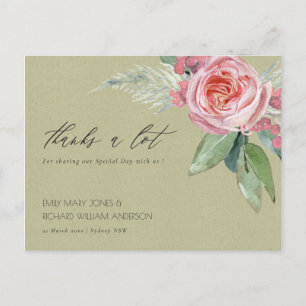 WATERCOLOUR PINK FLOWER GREEN FOLIAGE THANK YOU POSTCARD