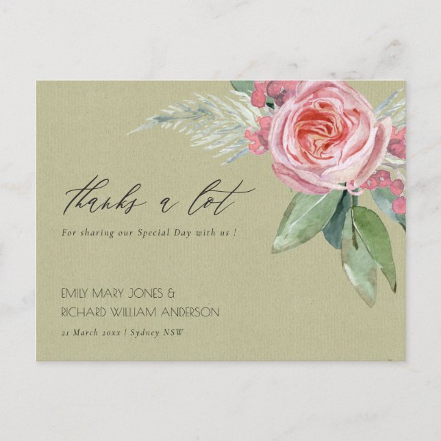 WATERCOLOUR PINK FLOWER GREEN FOLIAGE THANK YOU POSTCARD (Front)