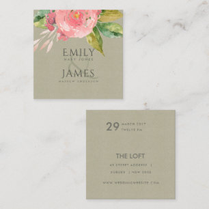WATERCOLOUR PINK FLOWER GREEN FOLIAGE WEDDING SQUARE BUSINESS CARD