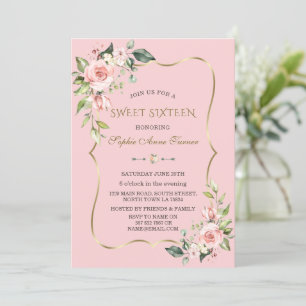 Watercolour Pink Flowers Gold Frame Sweet Sixteen Invitation