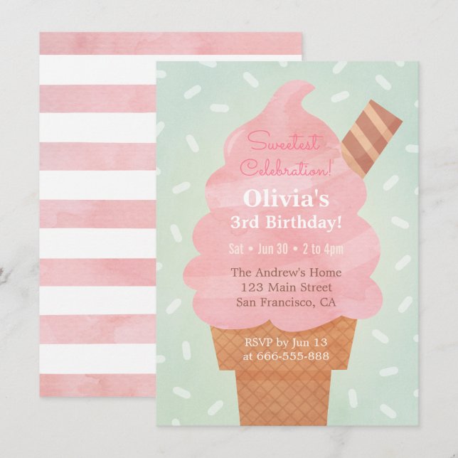 Watercolour Pink Ice Cream Kids Birthday Party Invitation (Front/Back)