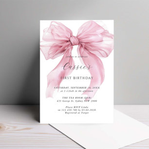 Watercolour Pink Ribbon Bow First birthday  Invitation