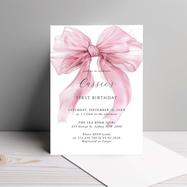 Watercolour Pink Ribbon Bow First birthday  Invitation (Creator Uploaded)