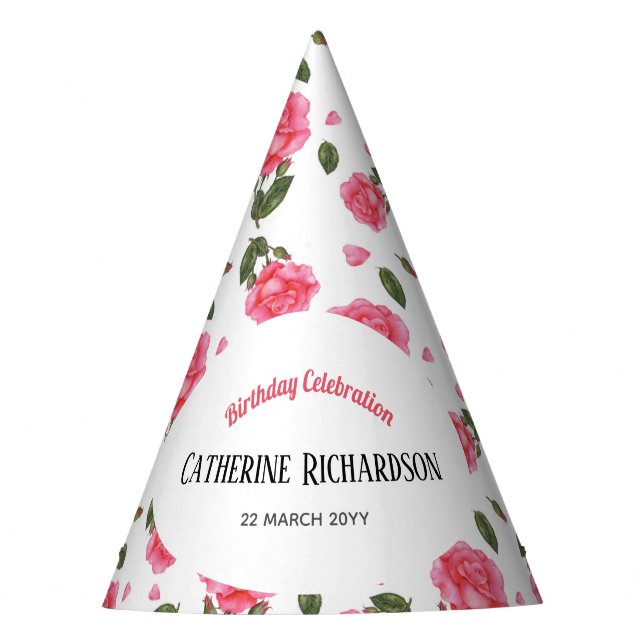 Watercolour Pink Rose Shabby Chic Design Party Hat (Front)