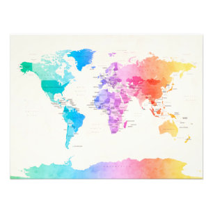 Watercolour Political Map of the World Photo Print