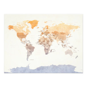 Watercolour Political Map of the World Photo Print