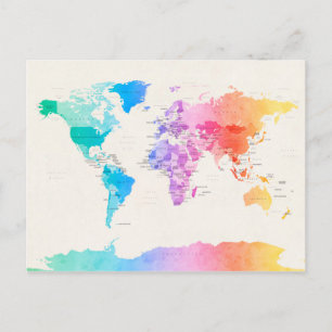 Watercolour Political Map of the World Postcard