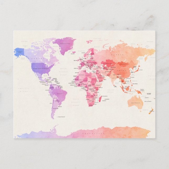 Watercolour Political Map of the World Postcard (Front)