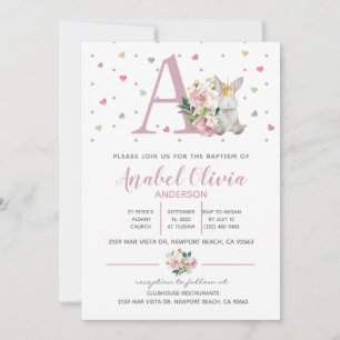 Watercolour Princess Bunny  Baby Girl Baptism  Invitation