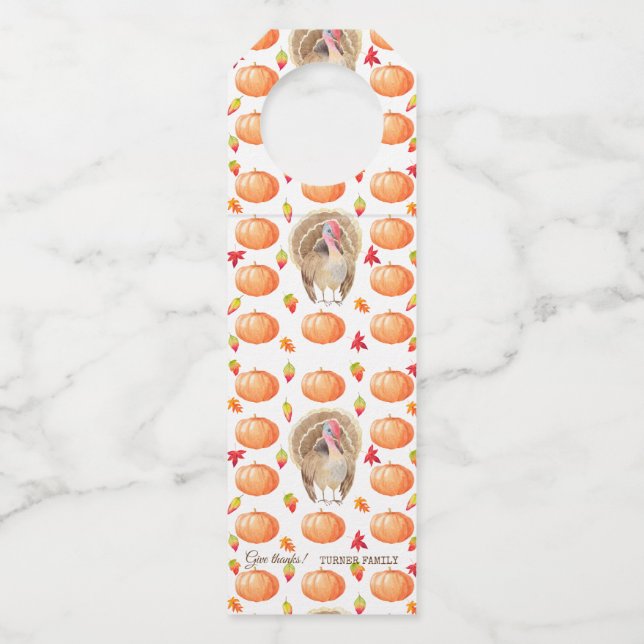 Watercolour Pumpkin Turkey Pattern Thanksgiving Bottle Tag (Front)