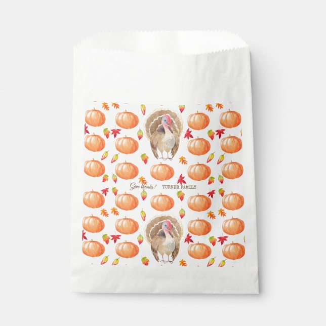 Watercolour Pumpkin Turkey Pattern Thanksgiving Favour Bag (Front)
