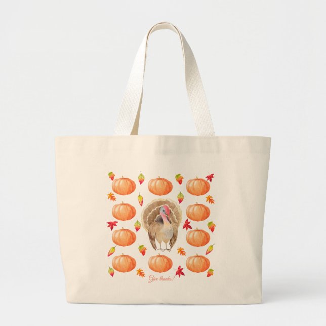 Watercolour Pumpkin Turkey Pattern Thanksgiving Large Tote Bag (Front)