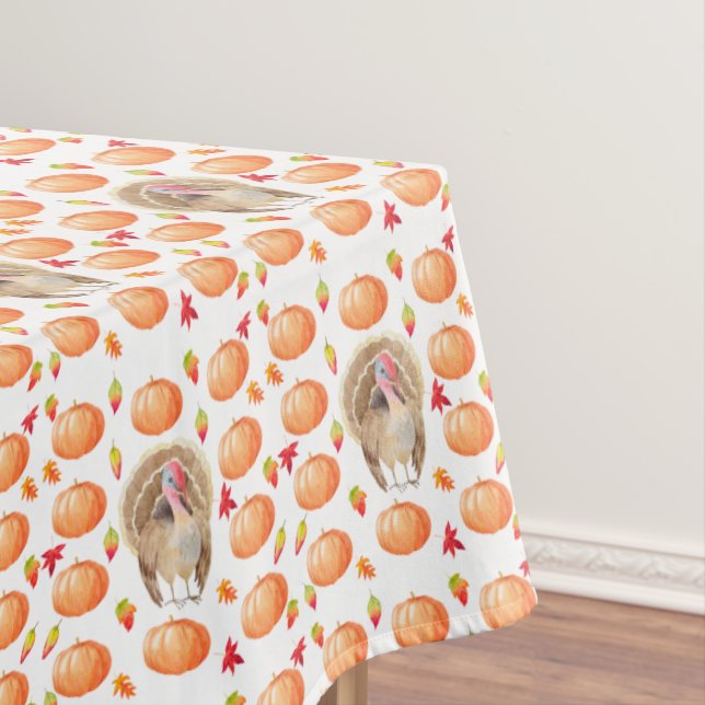 Watercolour Pumpkin Turkey Pattern Thanksgiving Tablecloth (In Situ)