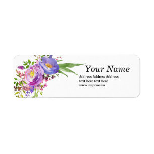 watercolour purple floral, pink flower vintage return address label