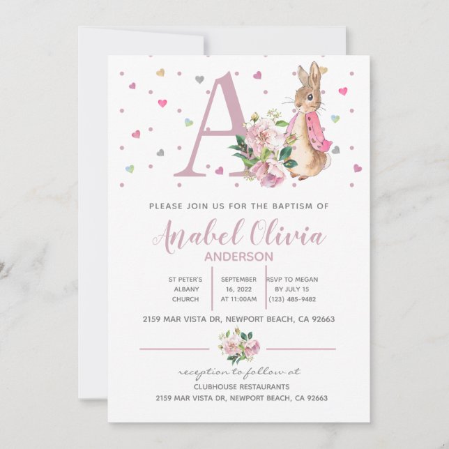 Watercolour  Rabbit Flopsy  Baby Girl Baptism   Invitation (Front)