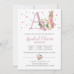 Watercolour  Rabbit Flopsy  Baby Girl Baptism   Invitation