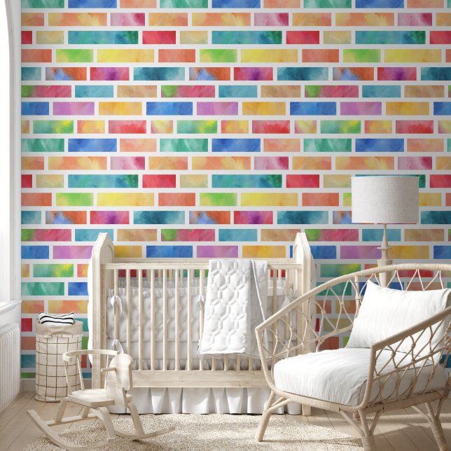 Watercolour Rainbow Brick Pattern Wallpaper (Kids)