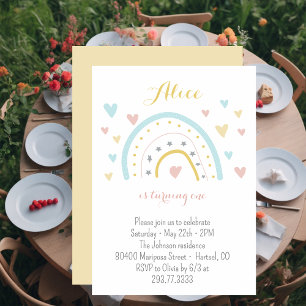 Watercolour rainbow hart pink blue 1st Birthday  Invitation
