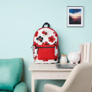 Watercolour Red Black White Floral Printed Backpack