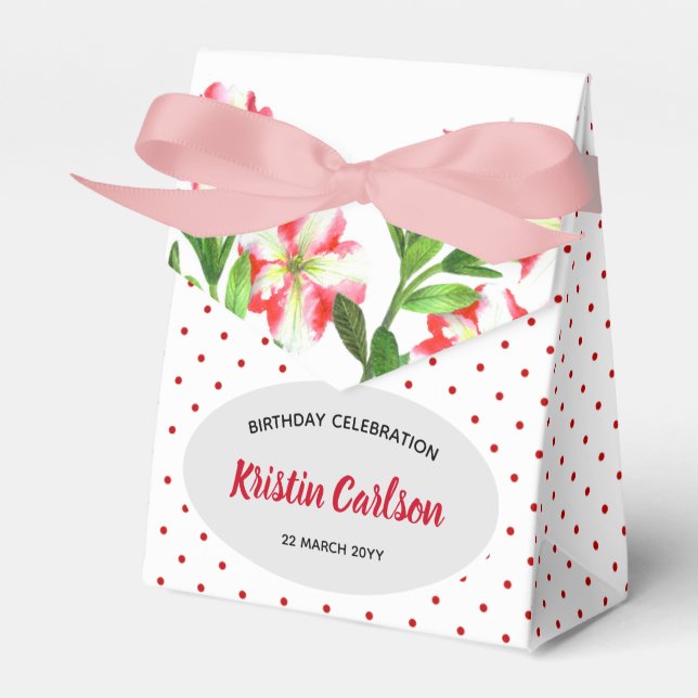 Watercolour Red Petunias Red White Polka Dots Favour Box (Front Side)