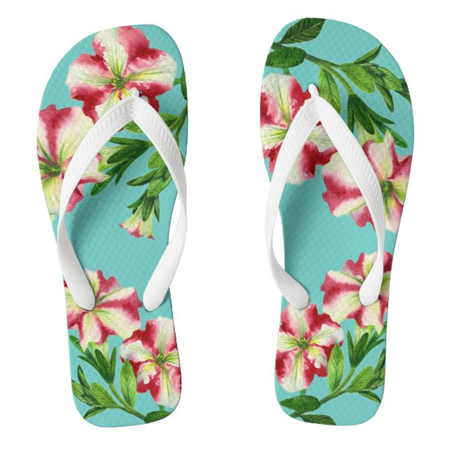 Watercolour Red Petunias Red White Turquoise Base  Thongs (Footbed)