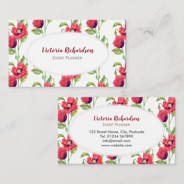 Watercolour Red Poppies Floral Art White Oval Business Card (Front/Back)