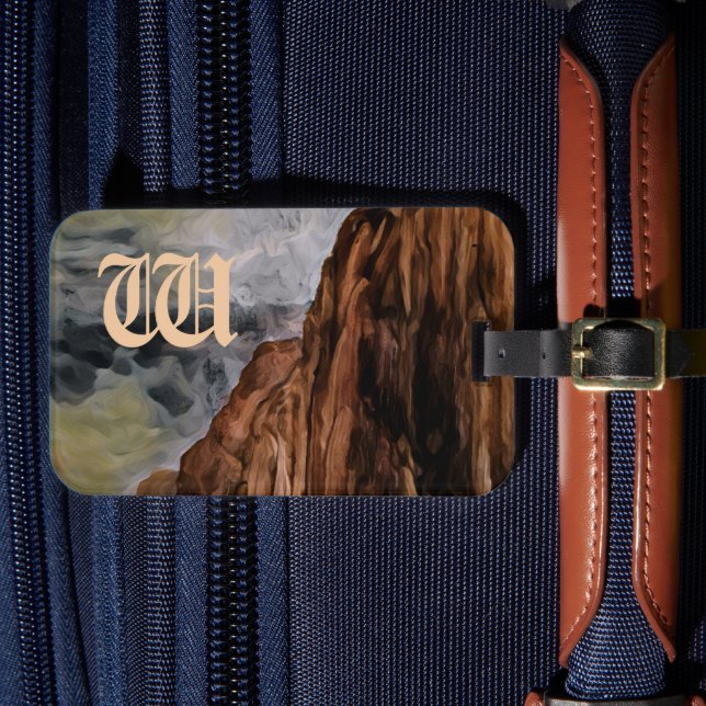 Watercolour Rocky Mountains Painting Monogrammed Luggage Tag (Front Insitu 4)