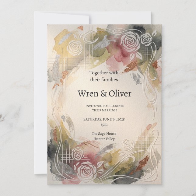 Watercolour Rose Garden Art Deco Wedding Invitation (Front)