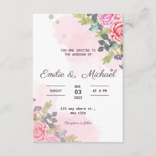 Watercolour rose Wedding invitation on budget
