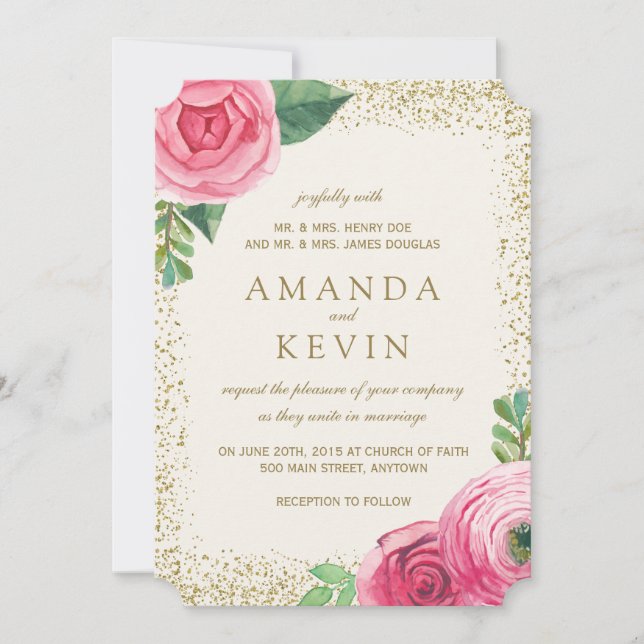 Watercolour Roses and Glitter Wedding Invitations (Front)