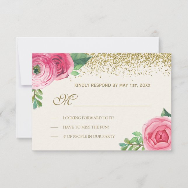 Watercolour Roses and Glitter Wedding RSVP (Front)