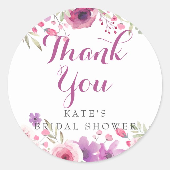 Watercolour Roses Bridal Shower Thank You Classic Round Sticker (Front)
