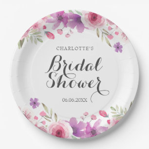 Watercolour Roses Floral Bridal Shower Paper Plate