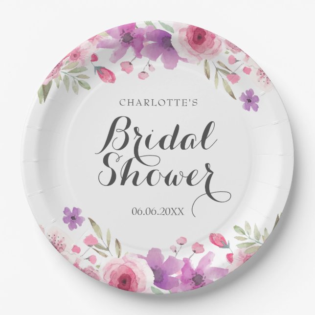 Watercolour Roses Floral Bridal Shower Paper Plate (Front)