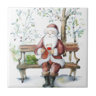 Watercolour santa having a tipple of sherry ceramic tile