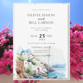 Watercolour Santorini, Greece destination wedding Invitation