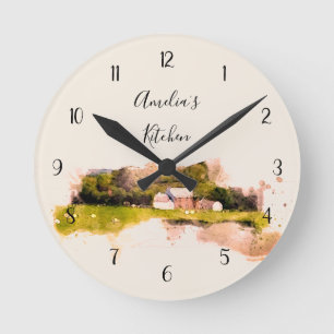 Watercolour Scottish Farmhouse with Sheep Round Clock