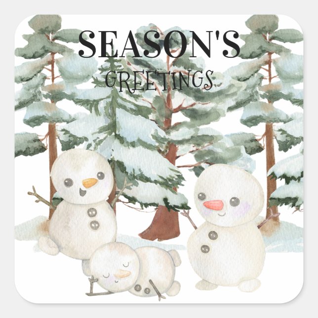Watercolour Snowmen Scene  Square Sticker (Front)