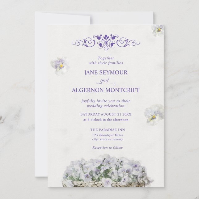 Watercolour style pansies wedding invitation (Front)