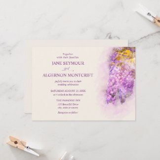 Watercolour-style wisteria wedding invitation